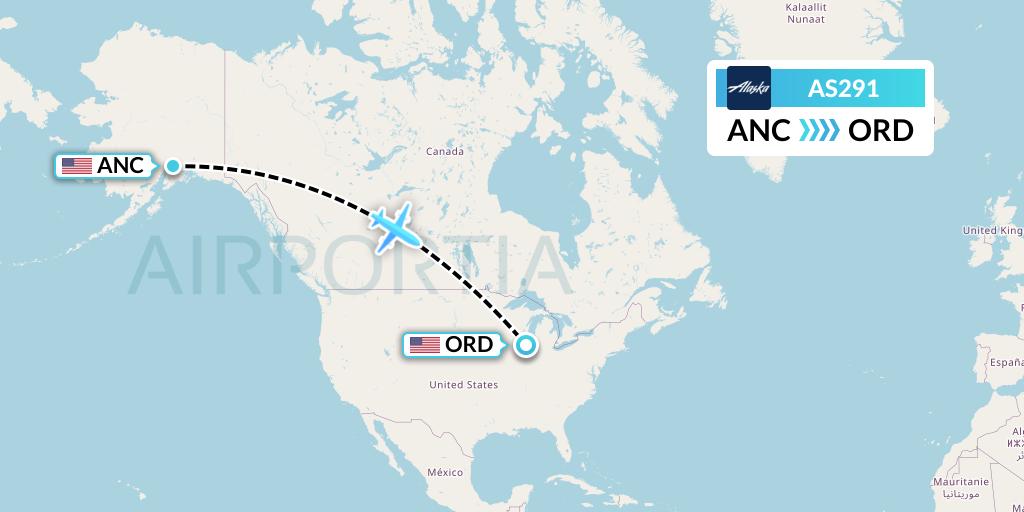 AS291 Alaska Airlines Flight Map: Anchorage to Chicago