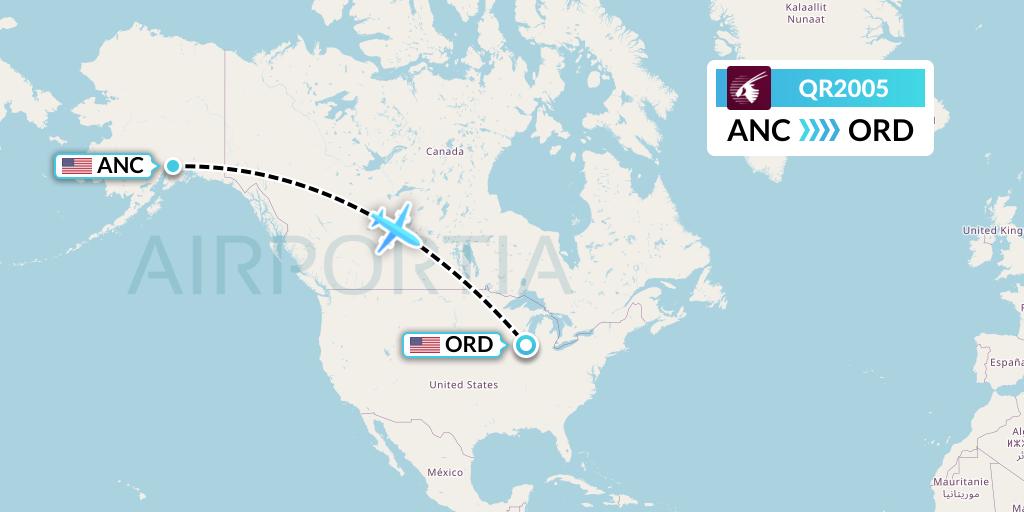 QR2005 Qatar Airways Flight Map: Anchorage to Chicago