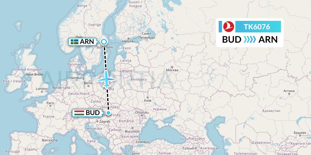 TK6076 Turkish Airlines Flight Map: Budapest to Stockholm