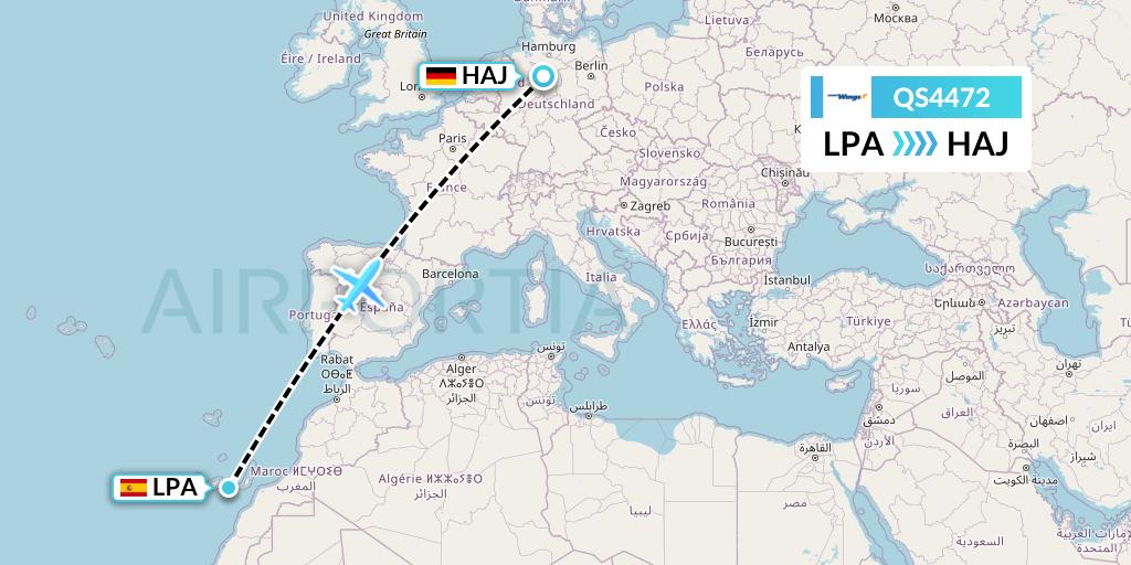 QS4472 Smartwings Flight Map: Las Palmas to Hannover