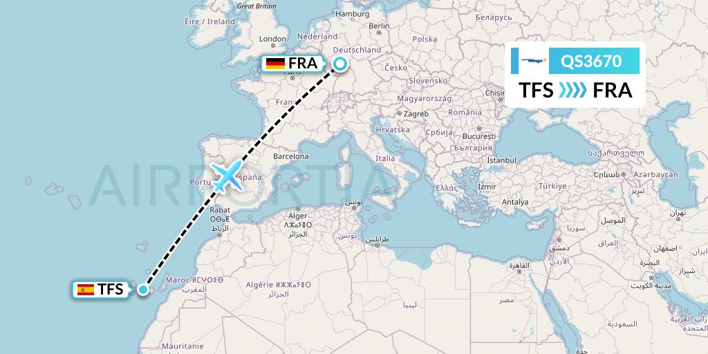 QS3670 Smartwings Flight Map: Tenerife to Frankfurt