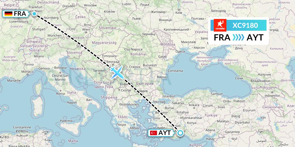 XC9180 Corendon Airlines Flight Map: Frankfurt to Antalya