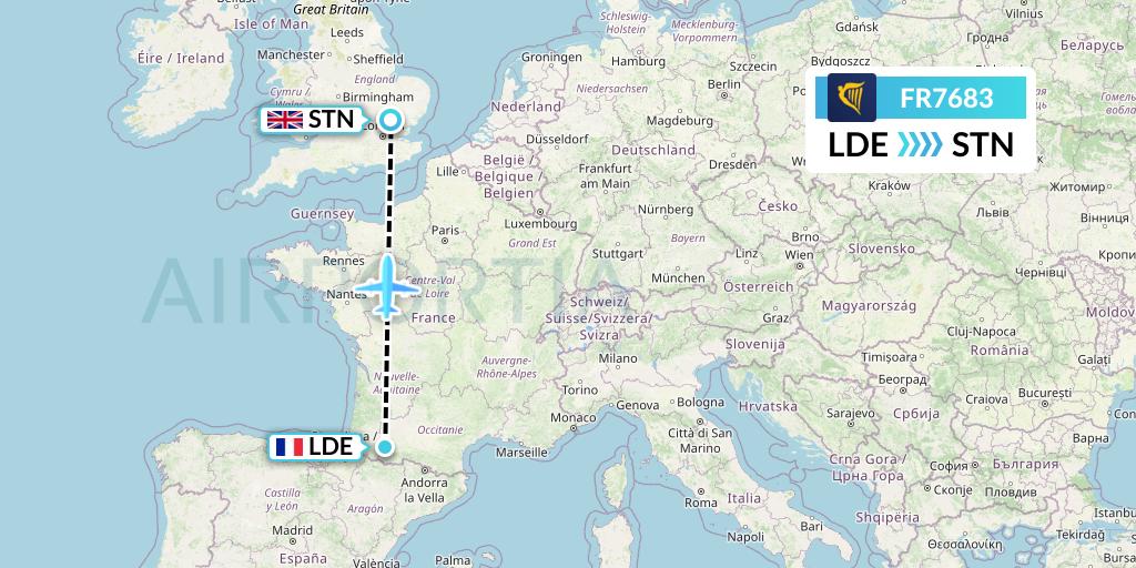 FR7683 Ryanair Flight Map: Tarbes to London