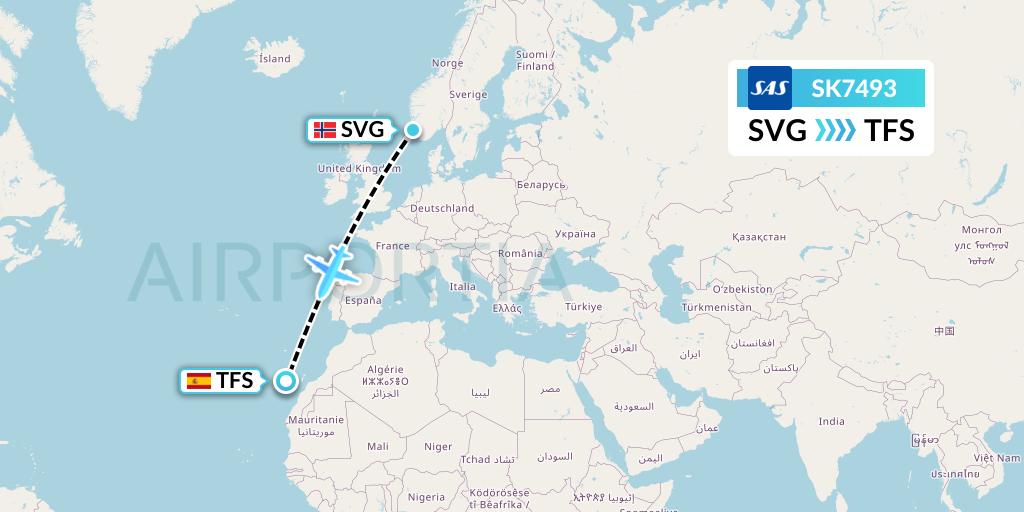 SK7493 SAS Flight Map: Stavanger to Tenerife
