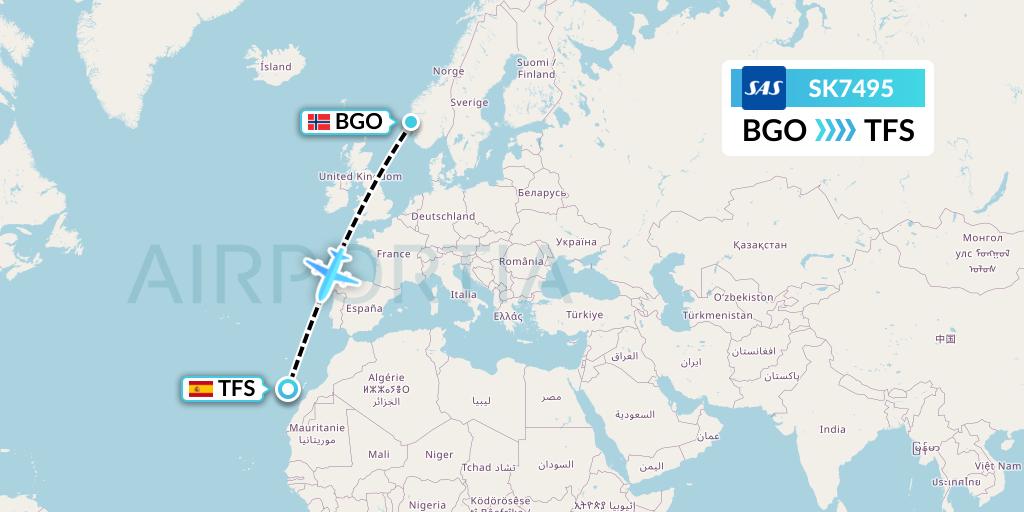 SK7495 SAS Flight Map: Bergen to Tenerife