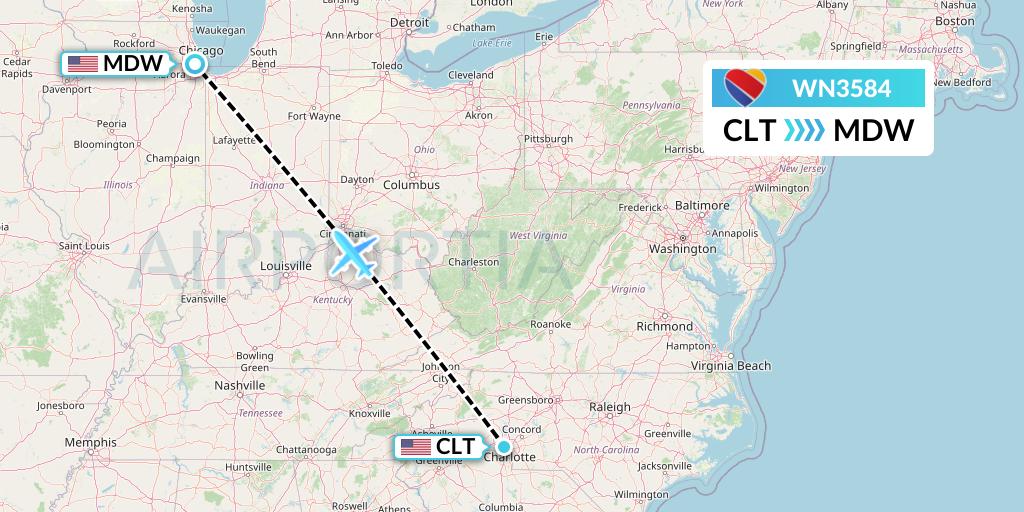 WN3584 Southwest Airlines Flight Map: Charlotte to Chicago
