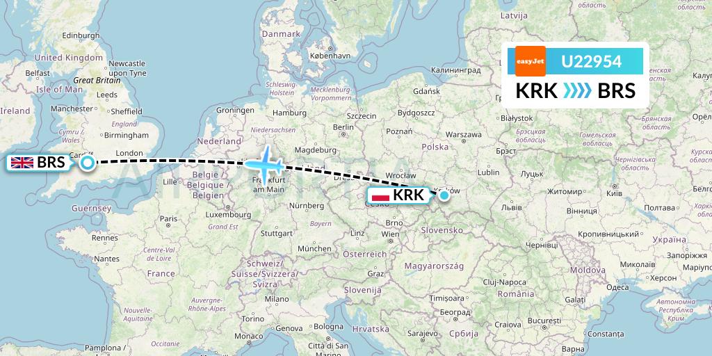U22954 EasyJet Flight Map: Krakow to Bristol