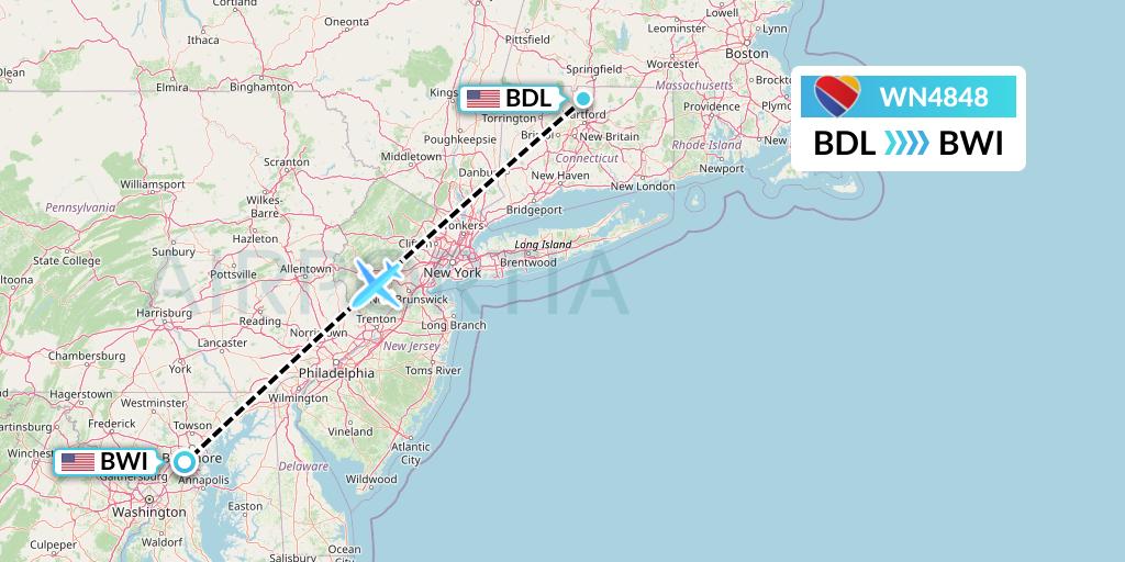 WN4848 Southwest Airlines Flight Map: Windsor Locks to Baltimore