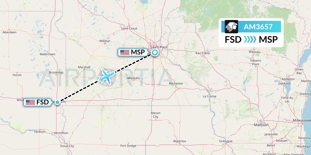 AM3657 Aeromexico Flight Map: Sioux Falls to Minneapolis