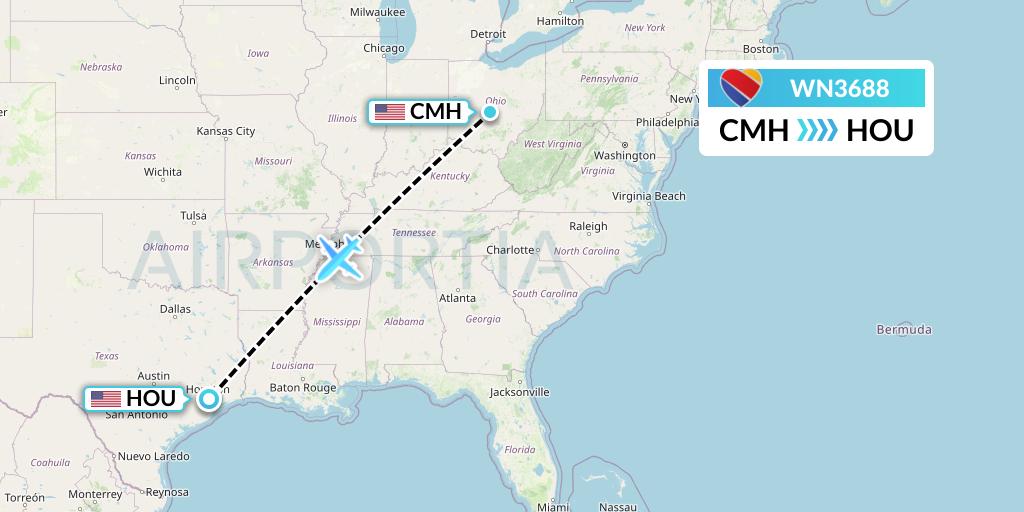 WN3688 Southwest Airlines Flight Map: Columbus to Houston