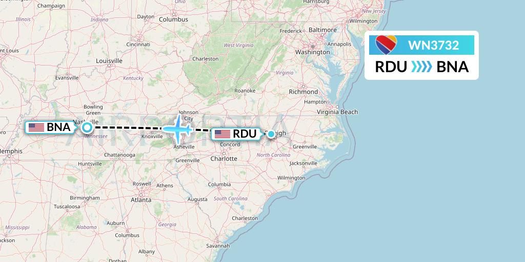 WN3732 Southwest Airlines Flight Map: Raleigh-Durham to Nashville