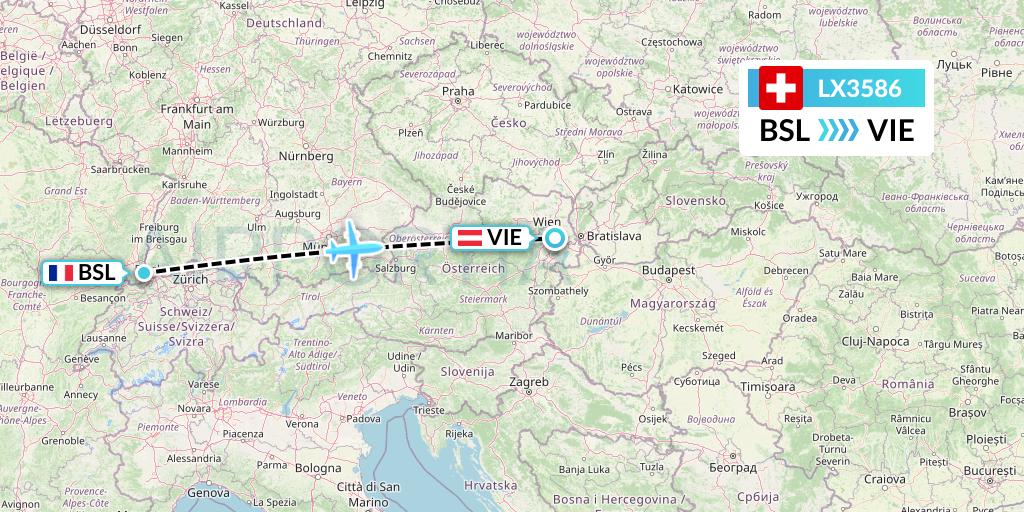 LX3586 Swiss Flight Map: Basel to Vienna