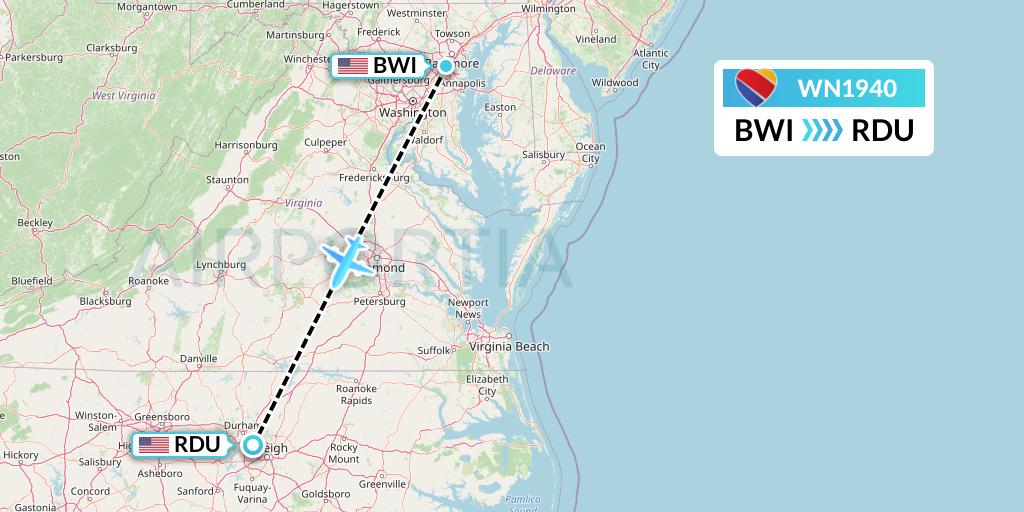 WN1940 Southwest Airlines Flight Map: Baltimore to Raleigh-Durham
