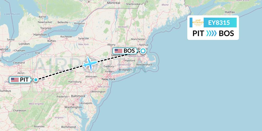 EY8315 Etihad Airways Flight Map: Pittsburgh to Boston