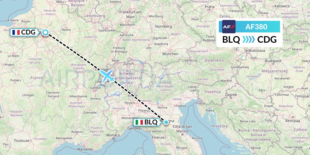 AF380 Air France Flight Map: Bologna to Paris
