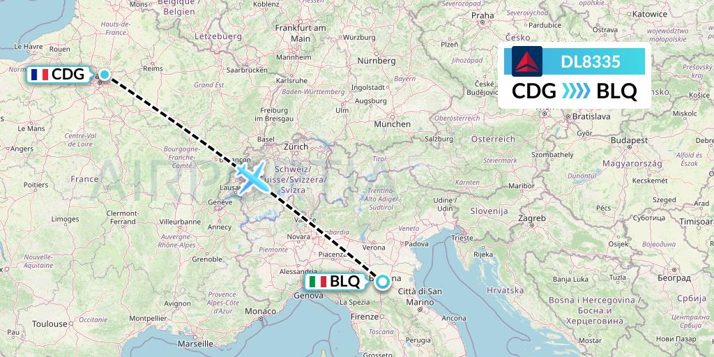 DL8335 Delta Air Lines Flight Map: Paris to Bologna