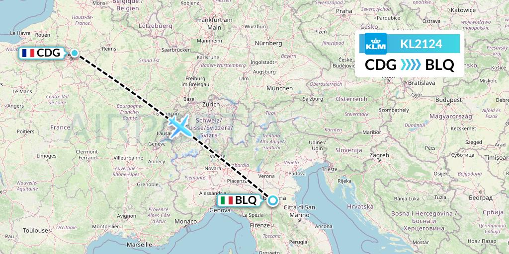 KL2124 KLM Flight Map: Paris to Bologna