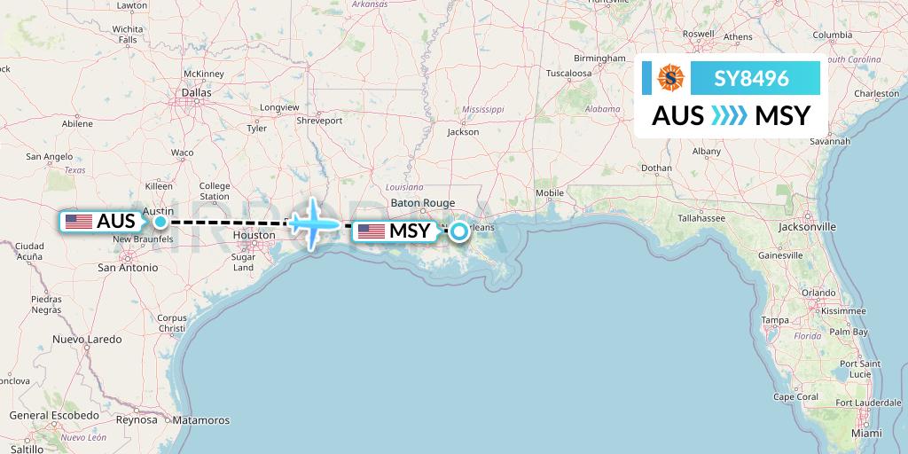 SY8496 Sun Country Airlines Flight Map: Austin to New Orleans