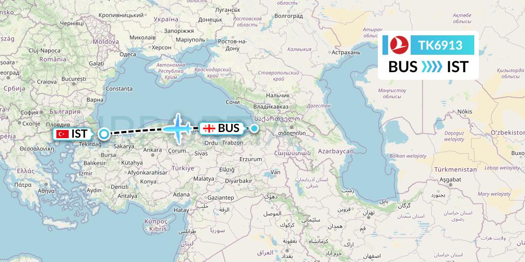 TK6913 Turkish Airlines Flight Map: Batumi to Istanbul