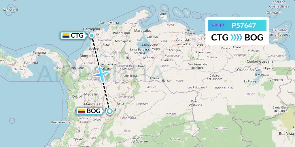 P57647 Copa Airlines Colombia Flight Map: Cartagena to Bogota