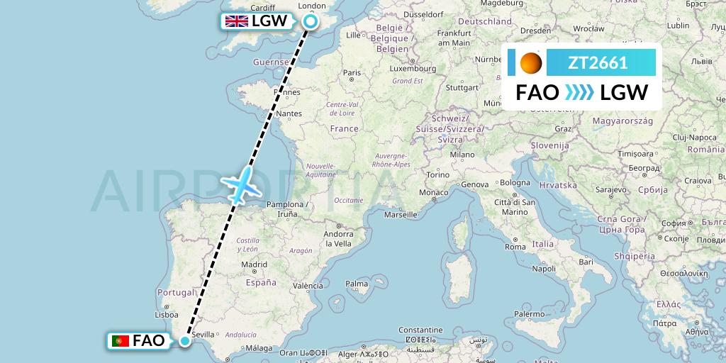 ZT2661 Titan Airways Flight Map: Faro to London