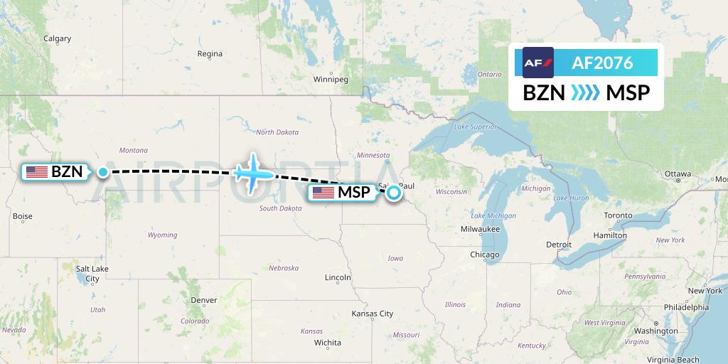 AF2076 Air France Flight Map: Bozeman to Minneapolis