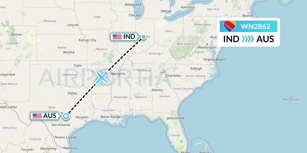 WN2862 Southwest Airlines Flight Map: Indianapolis to Austin