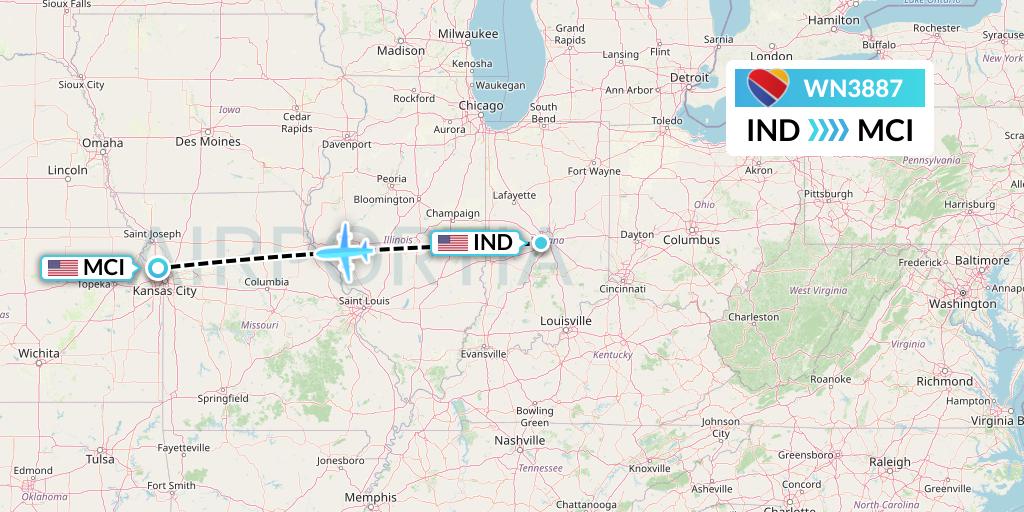 WN3887 Southwest Airlines Flight Map: Indianapolis to Kansas City