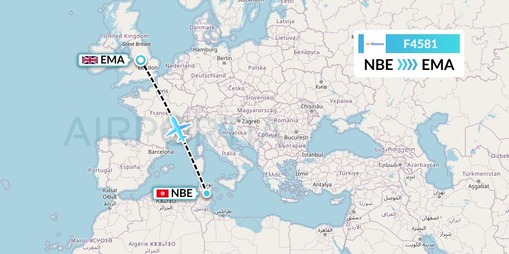 F4581 Air Flamenco Flight Map: Enfidha to East Midlands