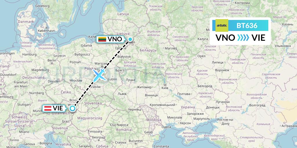 BT636 Air Baltic Flight Map: Vilnius to Vienna