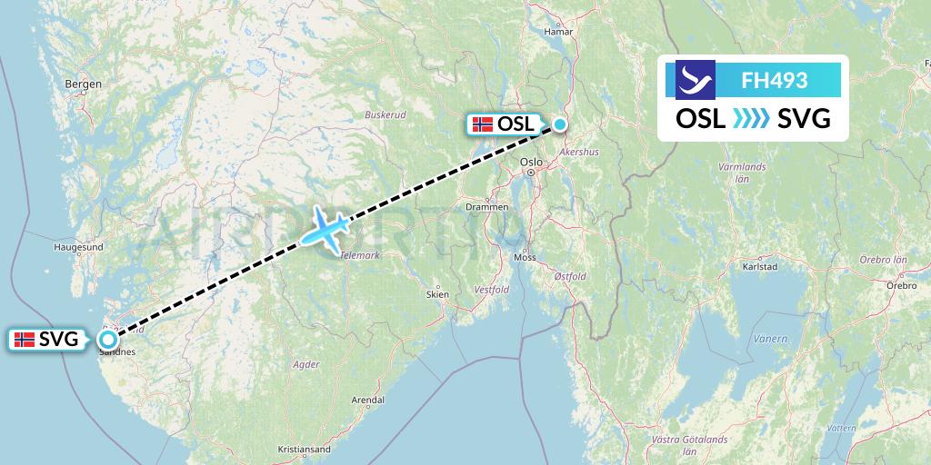 FH493 Freebird Airlines Flight Map: Oslo to Stavanger