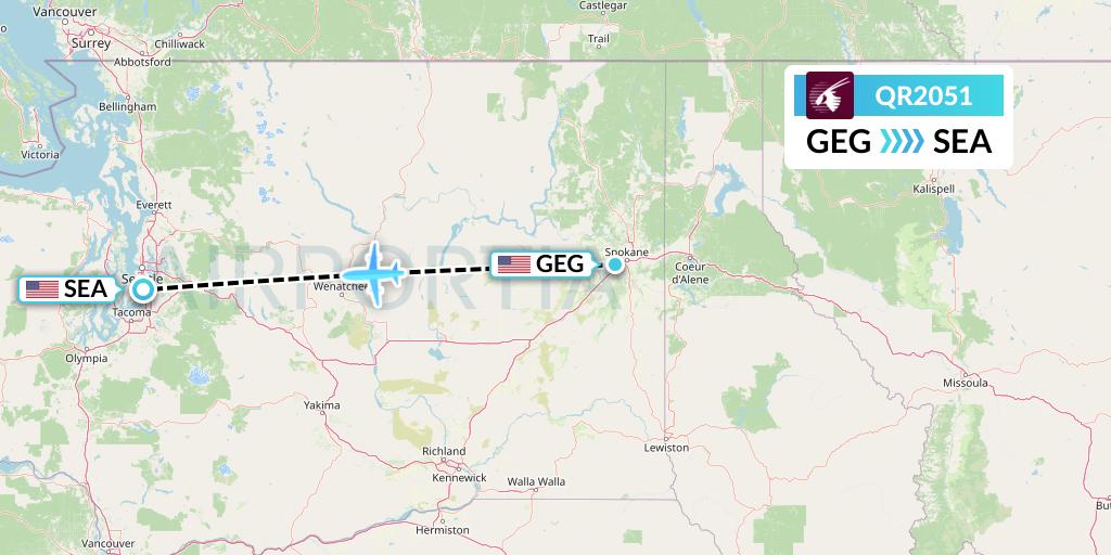 QR2051 Qatar Airways Flight Map: Spokane to Seattle