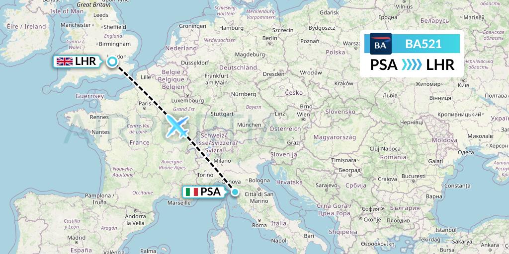 BA521 British Airways Flight Map: Pisa to London