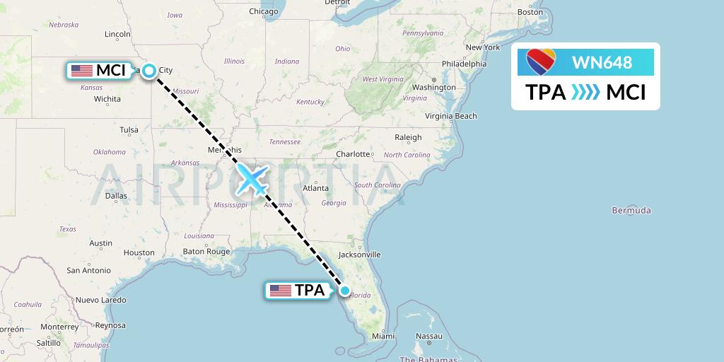 WN648 Southwest Airlines Flight Map: Tampa to Kansas City