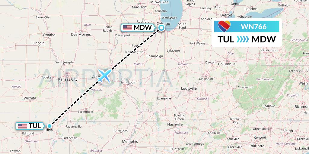 WN766 Southwest Airlines Flight Map: Tulsa to Chicago