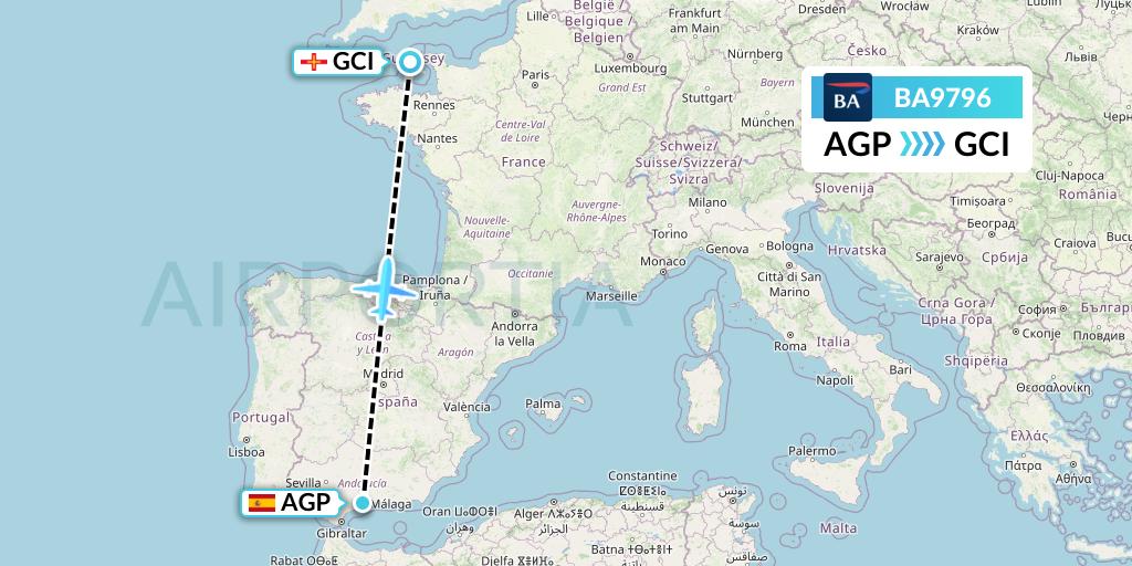 BA9796 British Airways Flight Map: Malaga to Guernsey