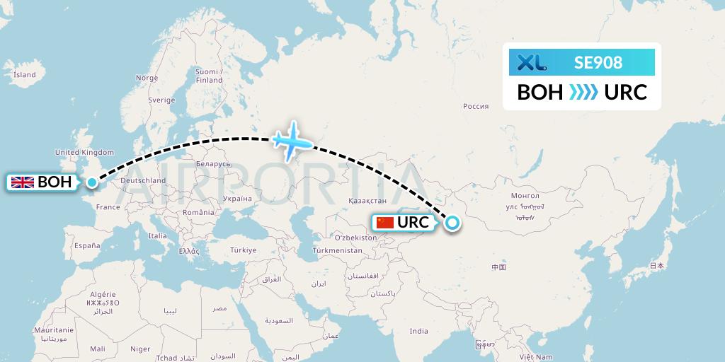 SE908 XL Airways France Flight Map: Bournemouth to Urumqi