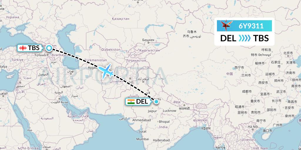 6Y9311 SmartLynx Flight Map: Delhi to Tbilisi