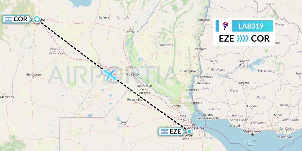 LA8319 LAN Airlines Flight Map: Buenos Aires to Cordoba