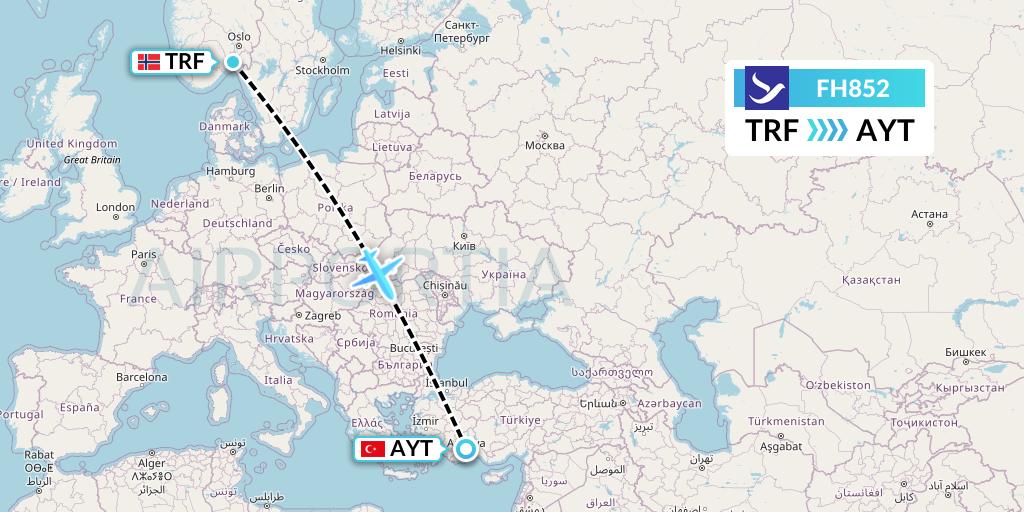 FH852 Freebird Airlines Flight Map: Oslo to Antalya