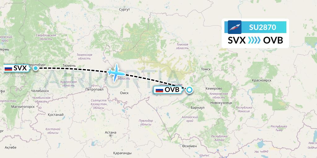 SU2870 Aeroflot Flight Map: Yekaterinburg to Novosibirsk