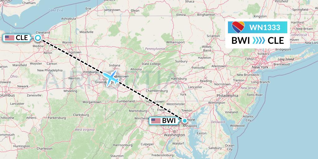 WN1333 Southwest Airlines Flight Map: Baltimore to Cleveland