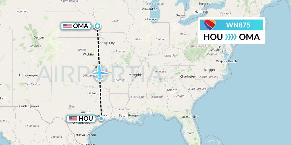 WN875 Southwest Airlines Flight Map: Houston to Omaha