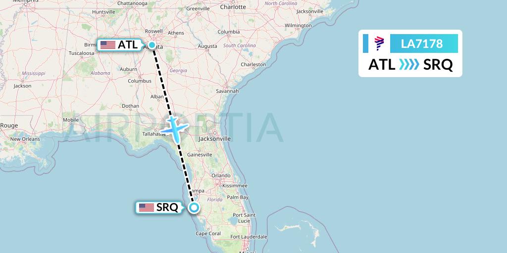 LA7178 LAN Airlines Flight Map: Atlanta to Sarasota