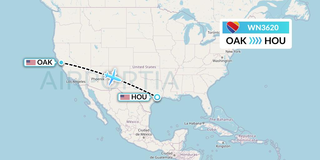 WN3620 Southwest Airlines Flight Map: Oakland to Houston