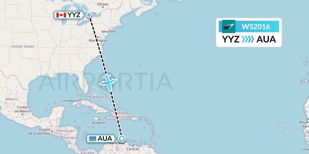 WS2016 WestJet Flight Map: Toronto to Oranjestad
