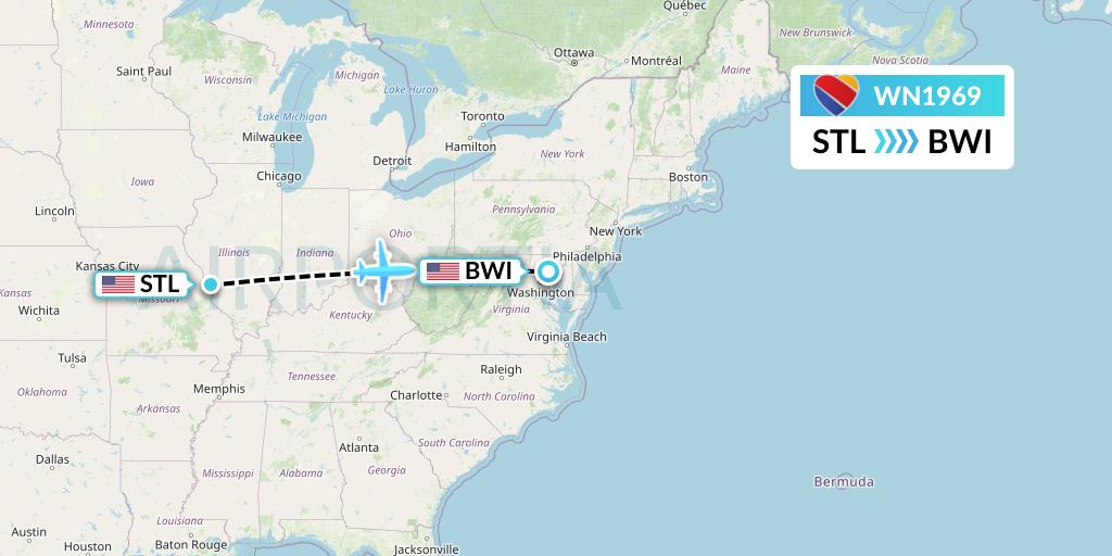 WN1969 Southwest Airlines Flight Map: St. Louis to Baltimore