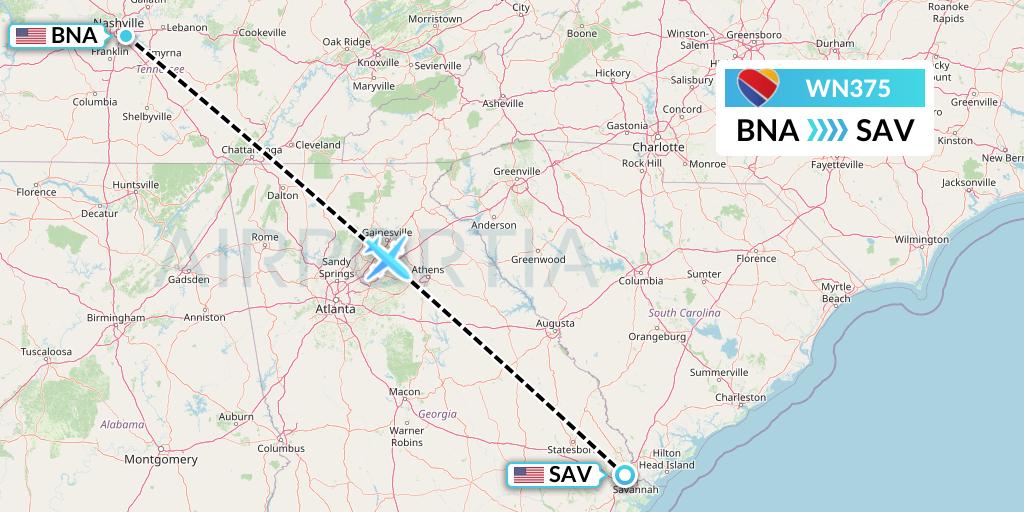 WN375 Southwest Airlines Flight Map: Nashville to Savannah