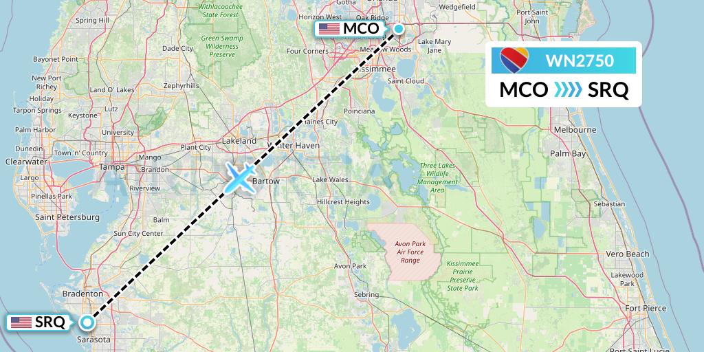 WN2750 Southwest Airlines Flight Map: Orlando to Sarasota