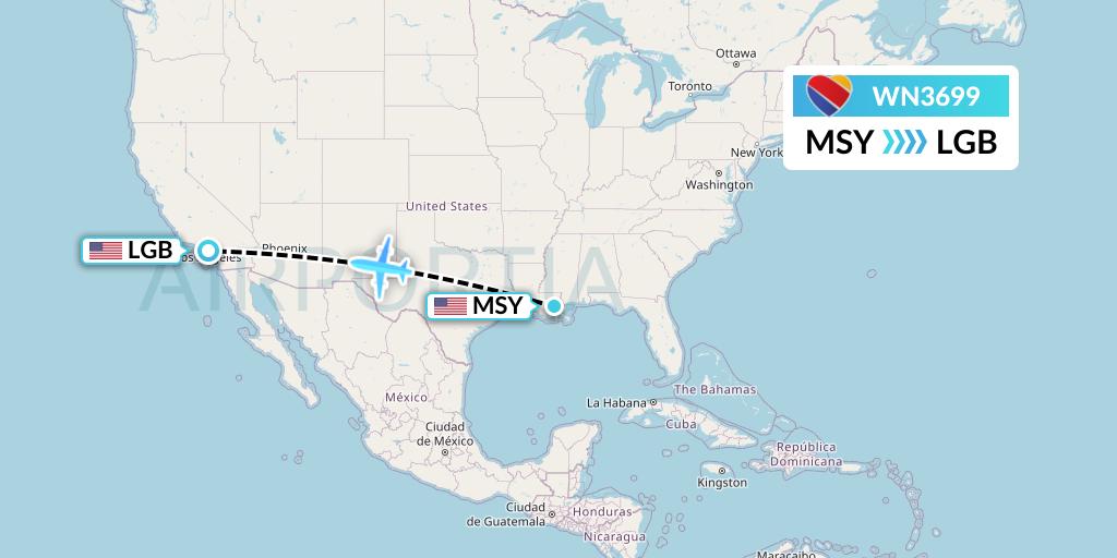 WN3699 Southwest Airlines Flight Map: New Orleans to Long Beach